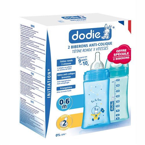 2 biberons Initiation+ débit moyen 0/6 mois BLEU Dodie