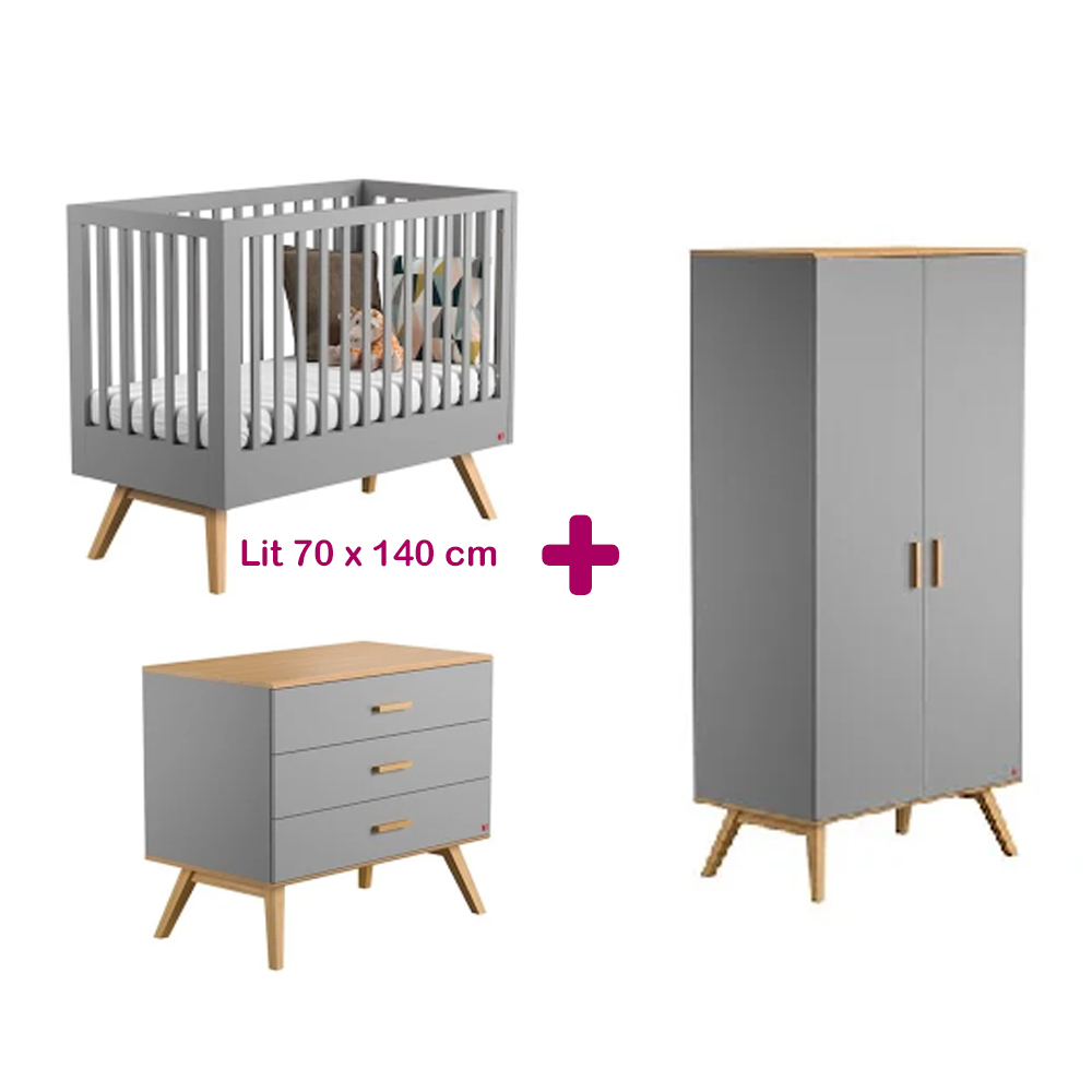 Chambre bébé complète Nautis Gris : lit 70x140, commode, armoire Vox