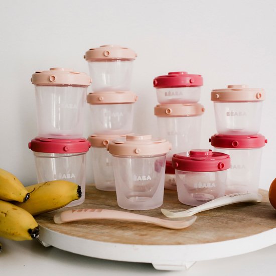 Béaba Set portions clip + Cuillère 1er âge silicone Pink 