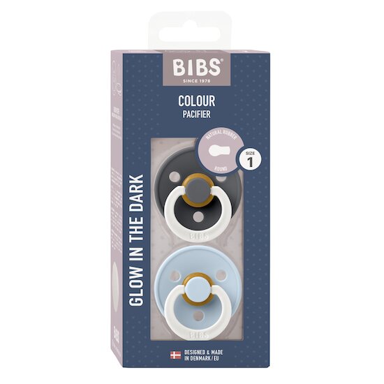 BIBS Tétines Colour 2 Pack Caoutchouc naturel Iron Glow/Baby Blue Glow 