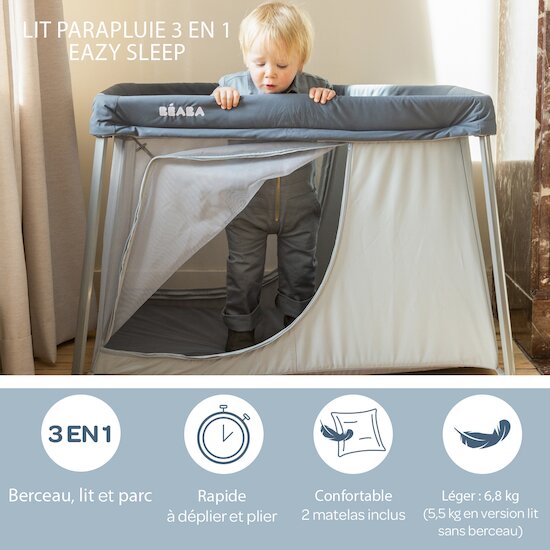 Béaba Lit Parapluie 3 en 1 Eazy Sleep Gris Minéral  Béaba Lit Parapluie 3 en 1 Eazy Sleep Gris Minéral