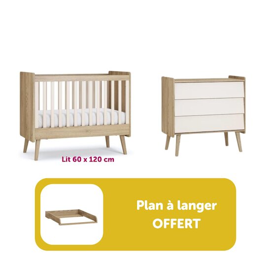 Chambre Bébé Duo Vintage Fresh : Lit  60x120 cm Chêne/Sable-Beige + Commode  + Plan à lange offert 