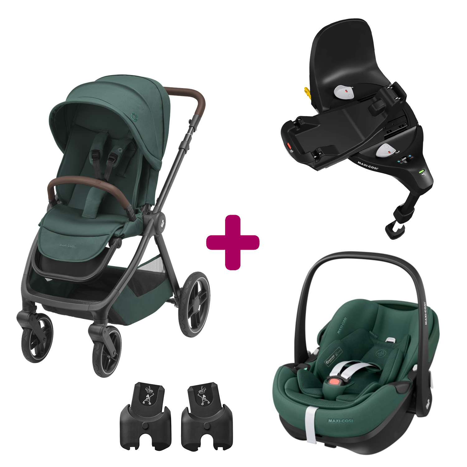 MAXI COSI - Pack poussette duo Oxford + coque Pebble 360 pro Essential Green + base familyfix 360 pro  Maxi Cosi