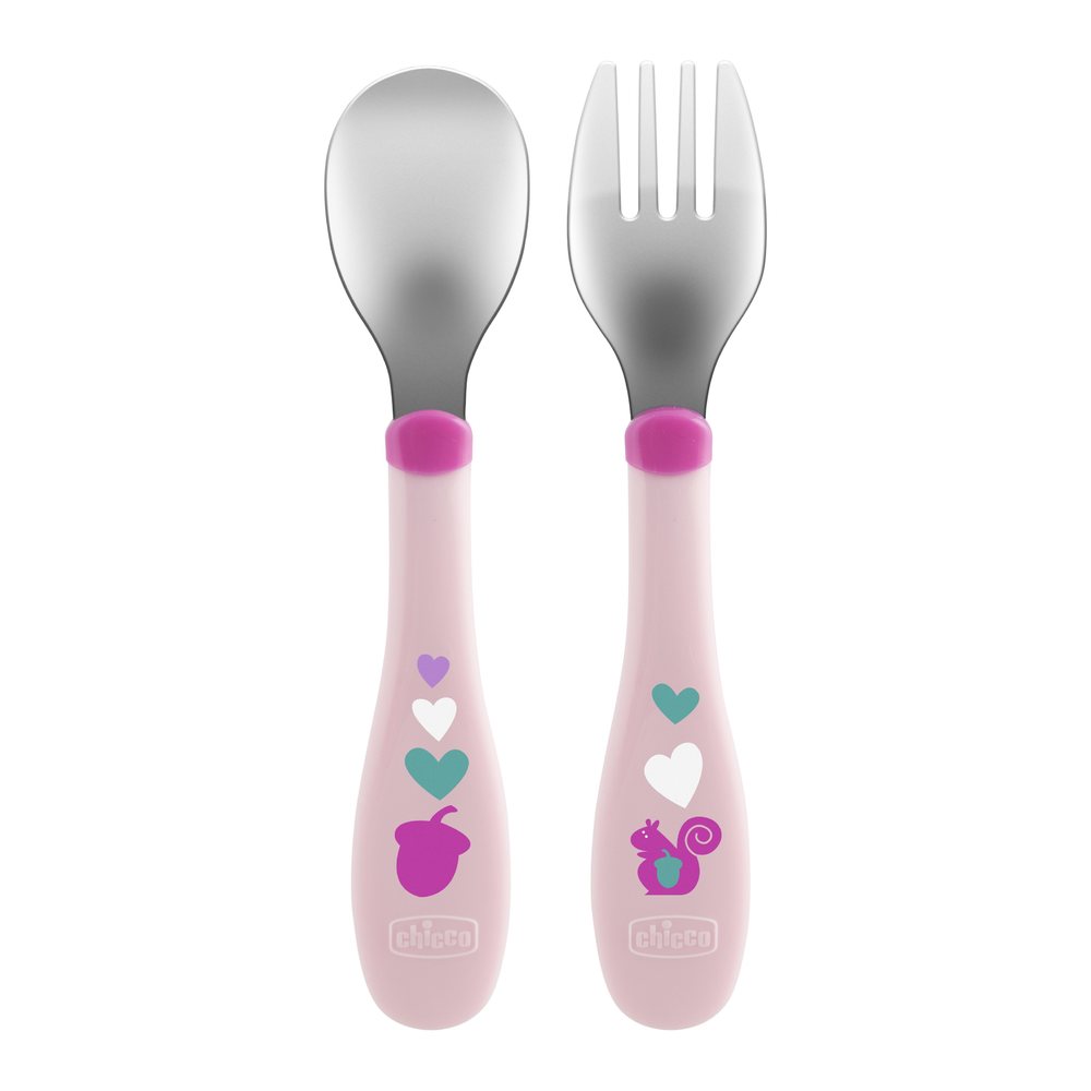 Chicco - Set cuillère et fourchette bout inox Mes premiers couverts ROSE Chicco
