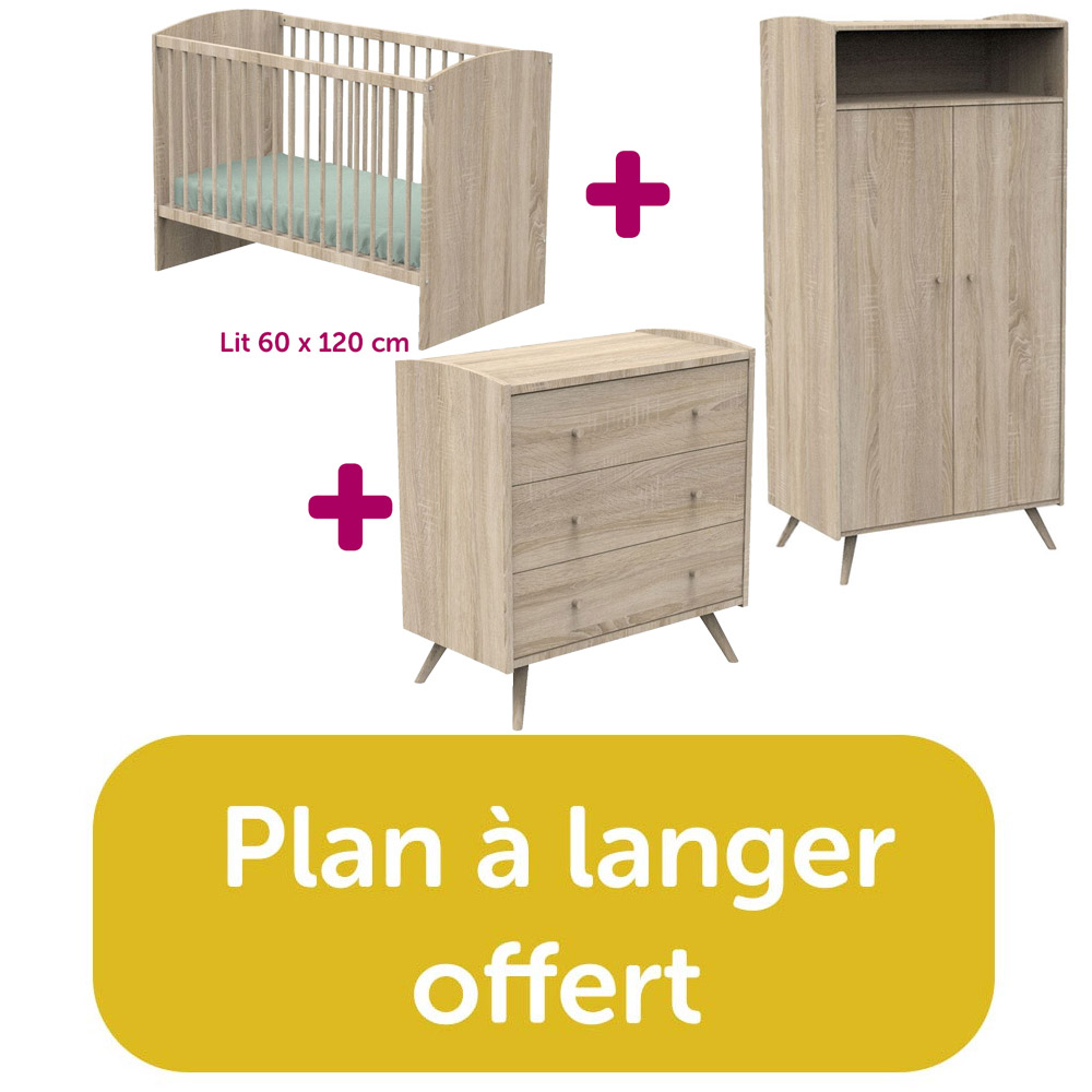 Chambre bébé complète Access bois : lit 60x120, commode, armoire = plan à langer offert Sauthon