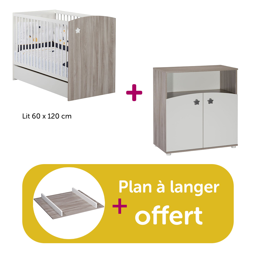 Sauthon - Chambre Duo Astral : lit 60x120, commode, plan à langer offert  Sauthon