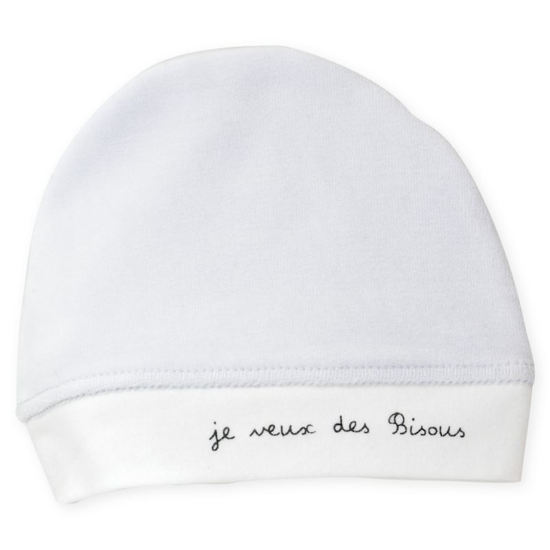 Bonnet Naissance velours Je veux des bisous BLEU Trois Kilos Sept