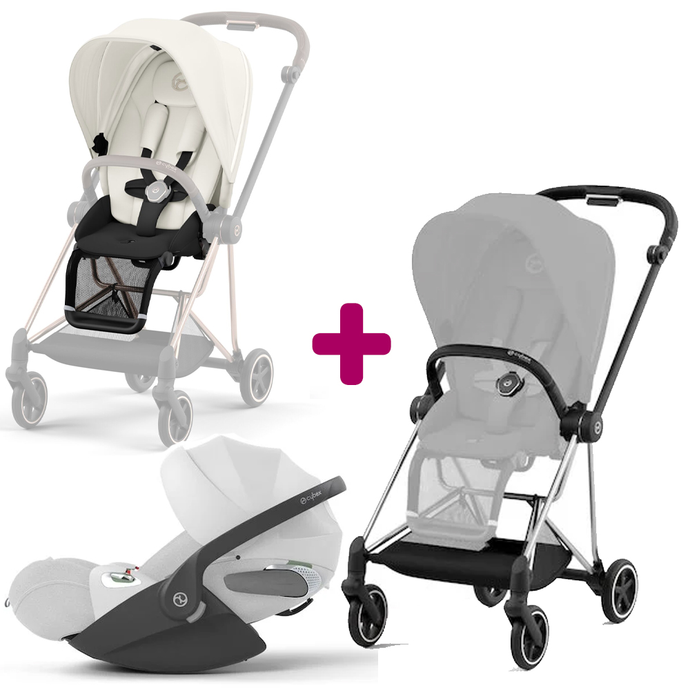 Cybex - Pack duo Châssis poussette Mios chrome black +Siège + Cloud T i-size tissus plus Platinum White  Cybex