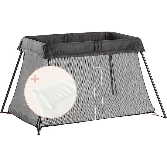 BabyBjörn Lit parapluie Light + drap housse Blanc Pur, Organic Noir 