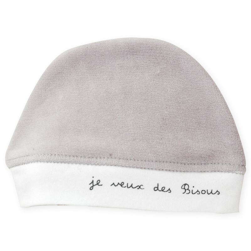 Bonnet Naissance velours Je veux des bisous GRIS Trois Kilos Sept