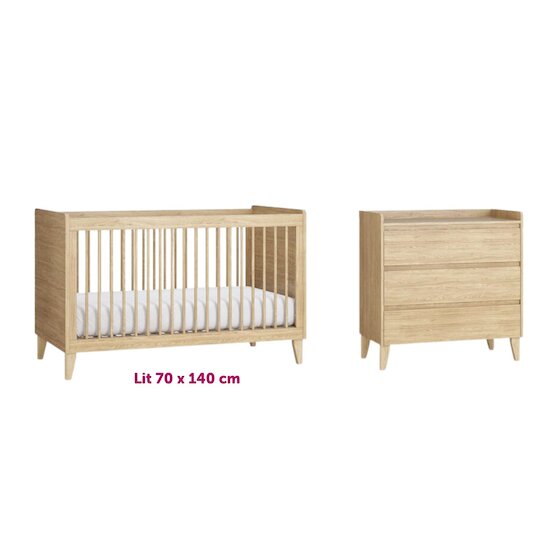 Chambre Bébé Duo Muve : Lit évolutif 70x140 cm Chêne + Commode