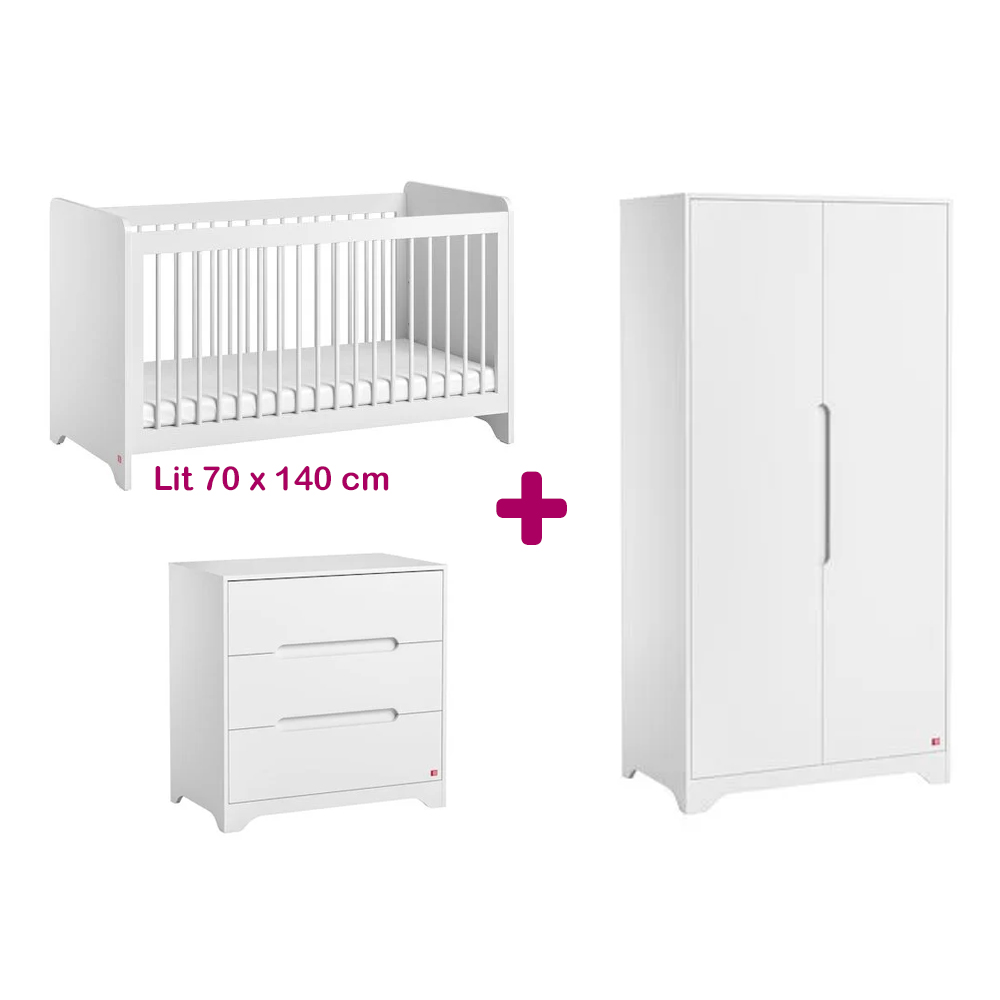 Chambre bébé complète Ova blanc : lit 70x140, commode, armoire Vox