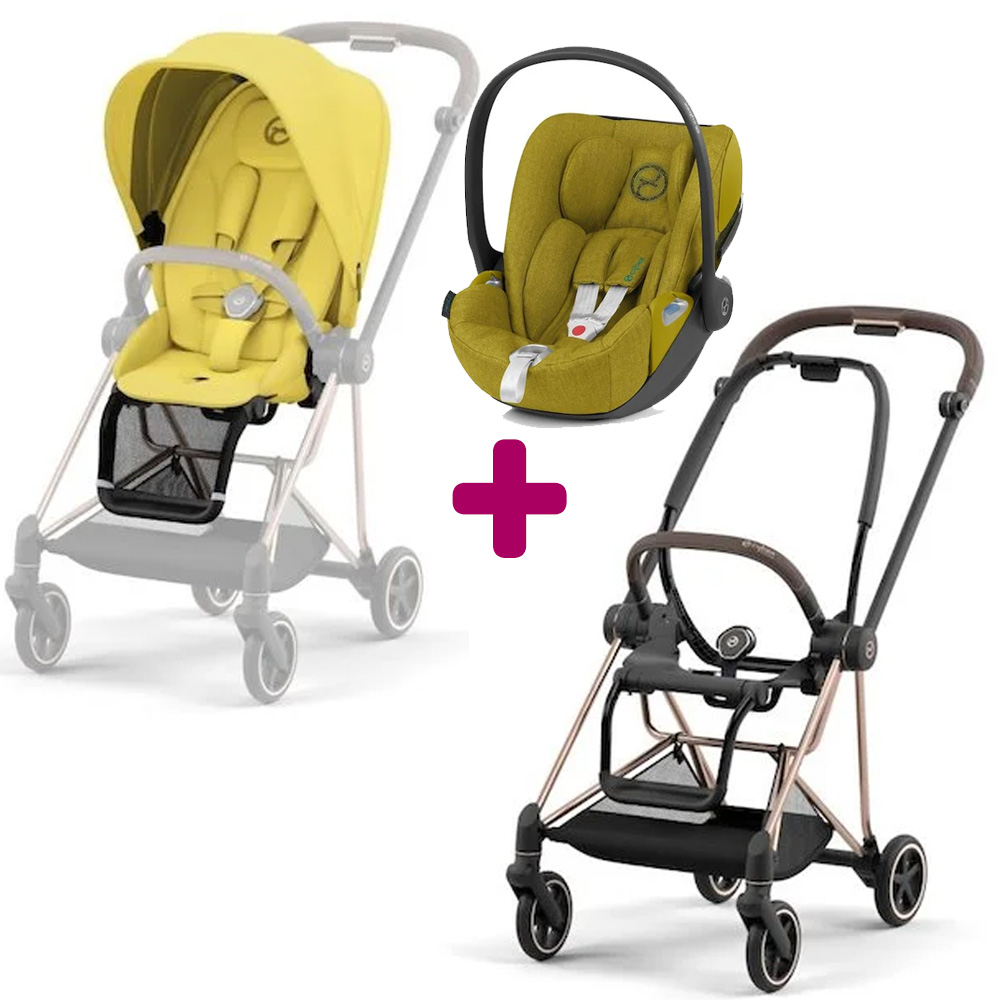 Pack poussette duo Mios 2022 Rosegold + siège + coque Cloud Z Mustard Yellow Cybex