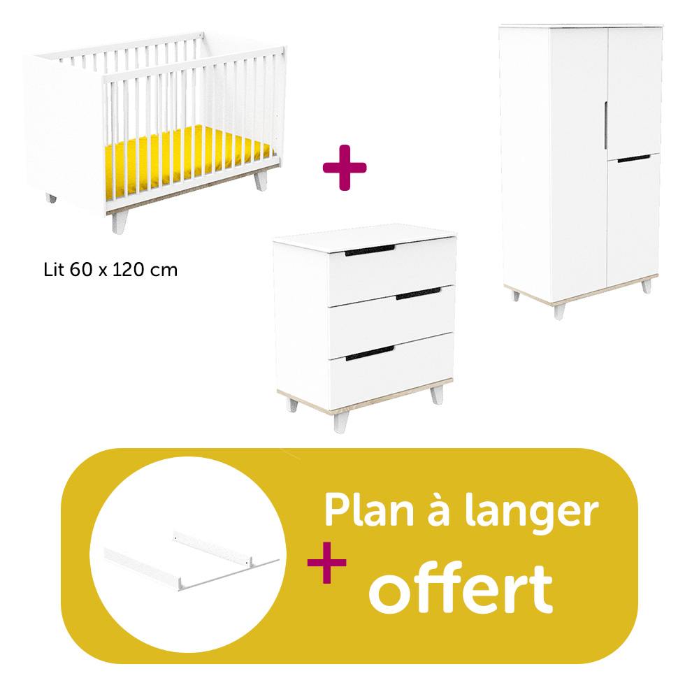 Sauthon - Chambre bébé complète Baltic Blanc : lit 60x120  têtes blanches,  commode, armoire, plan à langer offert   Sauthon