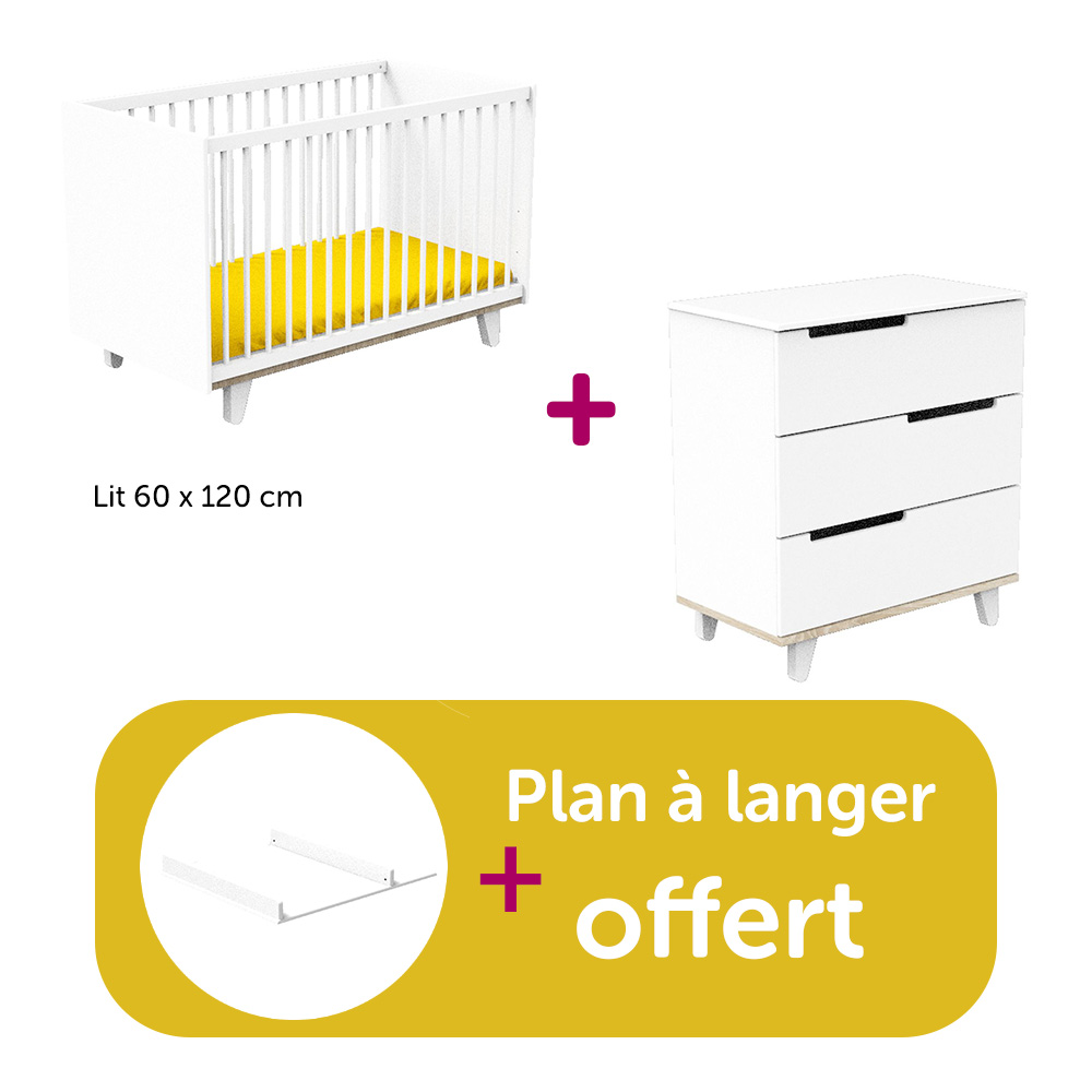 Sauthon - Chambre Duo Baltic Blanc : lit 60x120 Lit 120x60  têtes blanches, commode, plan à langer offert   Sauthon