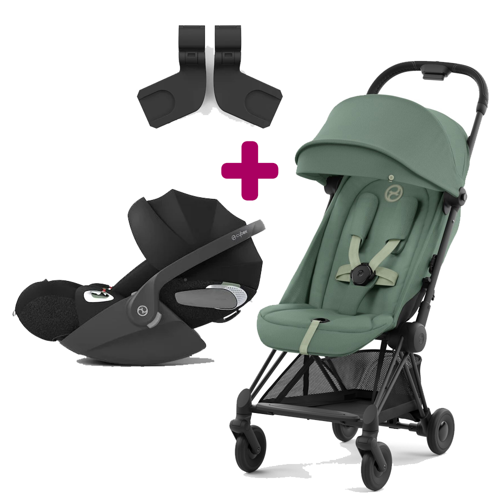 Pack poussette duo Coya Leaf Green + coque Cloud T i-size Sepia Black + adaptateurs coque Cybex