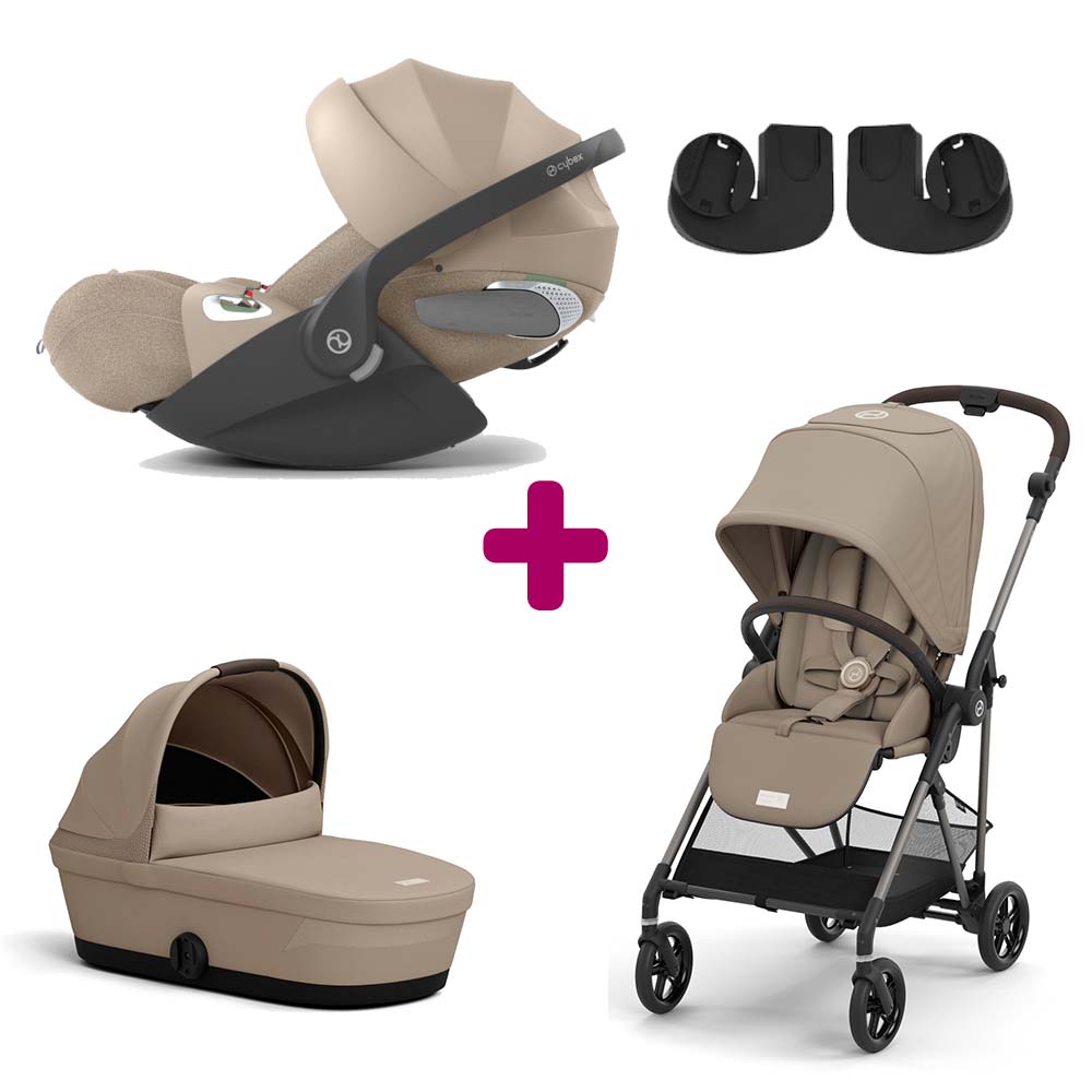 Cybex - Pack Poussette trio Melio 4 Almond Beige + Nacelle Melio 4 Almond Beige + adaptateurs coque + coque Cloud T i-Size Tissu Plus Cozy Beige  Cybex