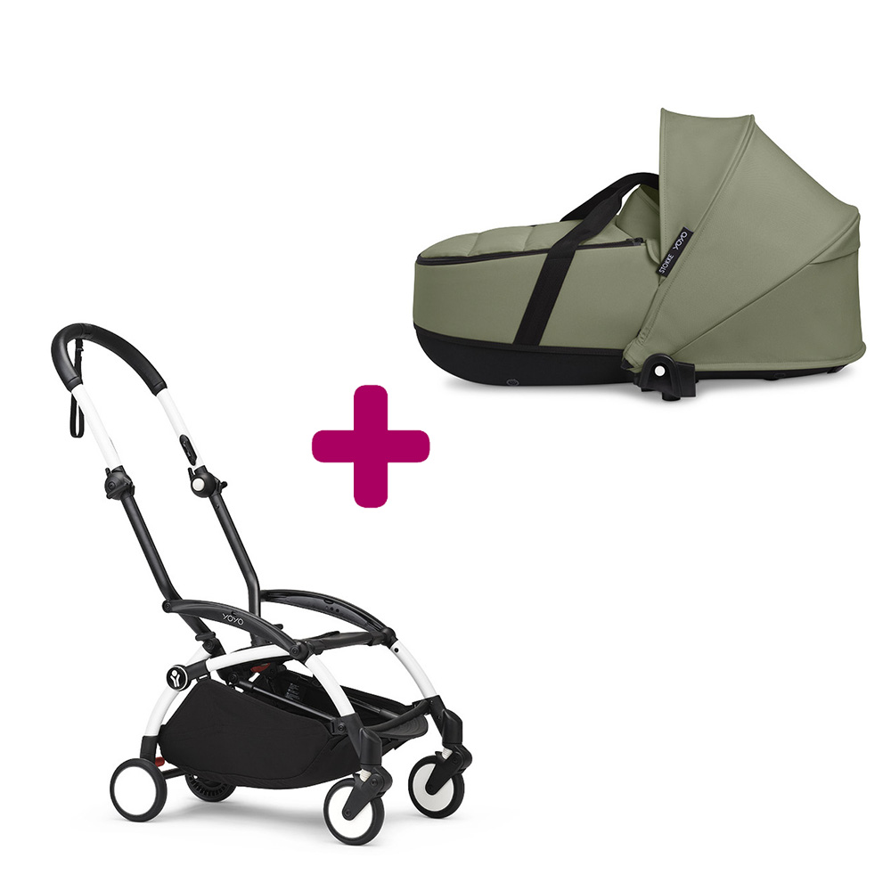 Pack chassis poussette YOYO³ Blanc + nacelle YOYO³ Olive Stokke