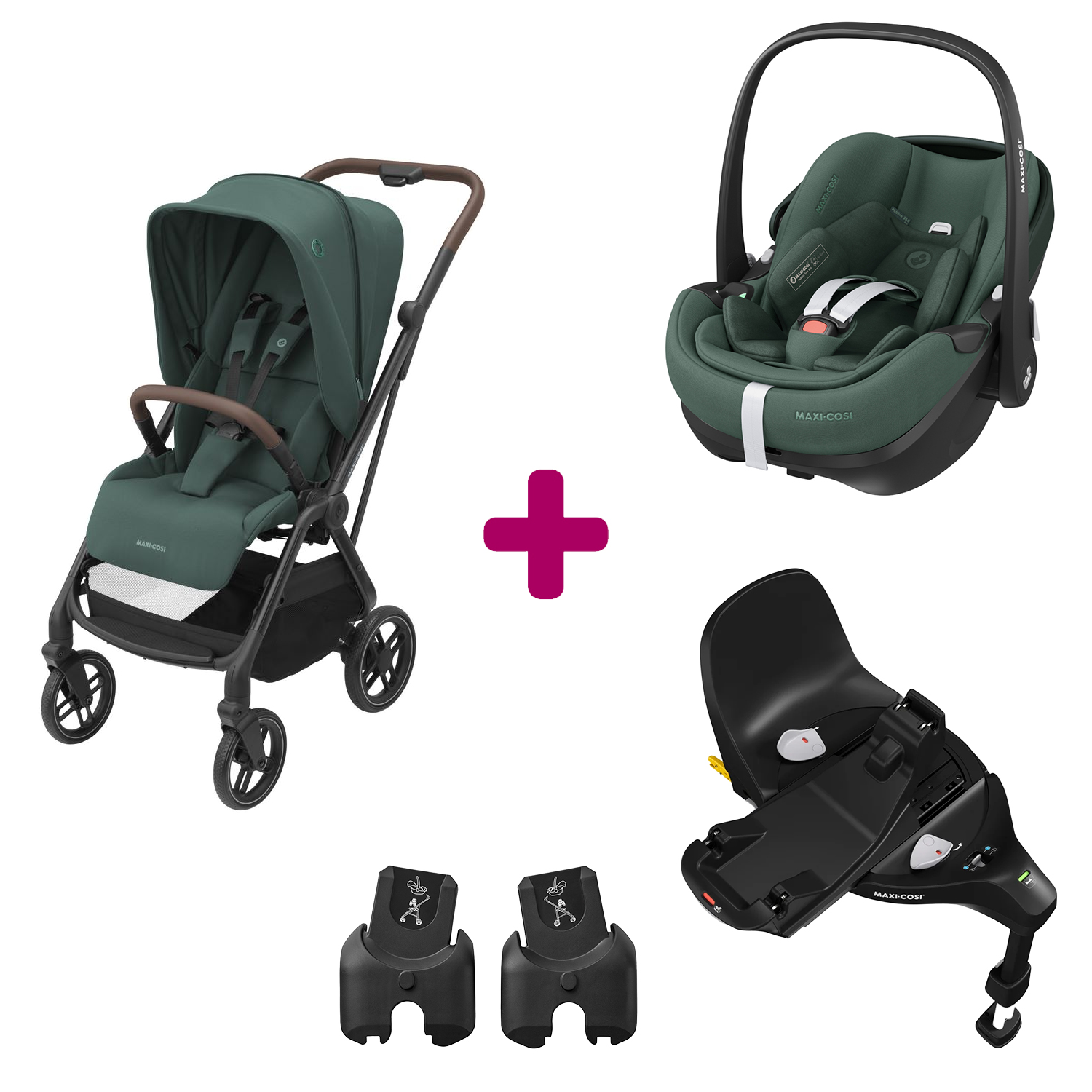 Pack poussette duo Léona 2 + pebble pro essential green + base familyfix 360 pro Maxi Cosi