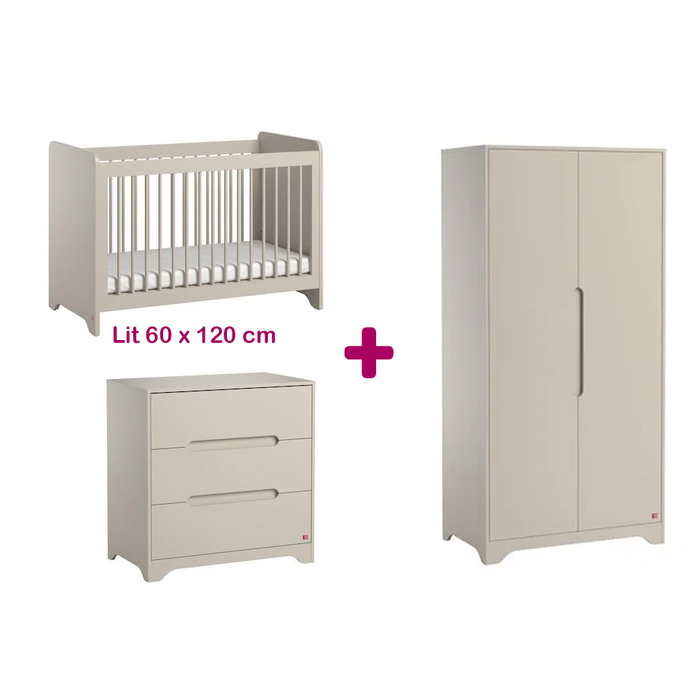 Chambre bébé complète Ova beige : lit 60x120, commode, armoire Vox