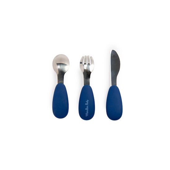 Moulin Roty Set couverts silicone Puce & Pilou Bleu/Jaune  Moulin Roty Set couverts silicone Puce & Pilou Bleu/Jaune
