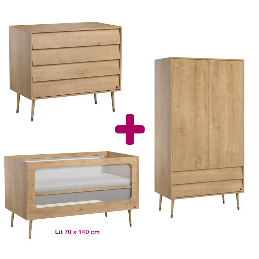 Chambre bébé complète Bosque : lit évolutif 70x140, commode, armoire Vox