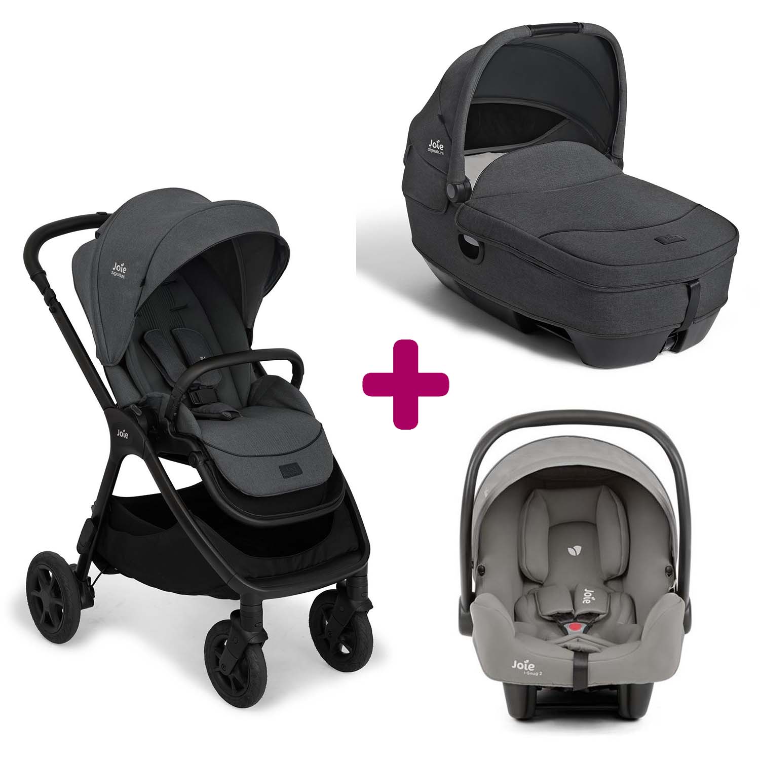 Pack poussette trio Finiti Ebony + nacelle Calmi Ebony + coque I Snug 2 Shale Pebble Joie