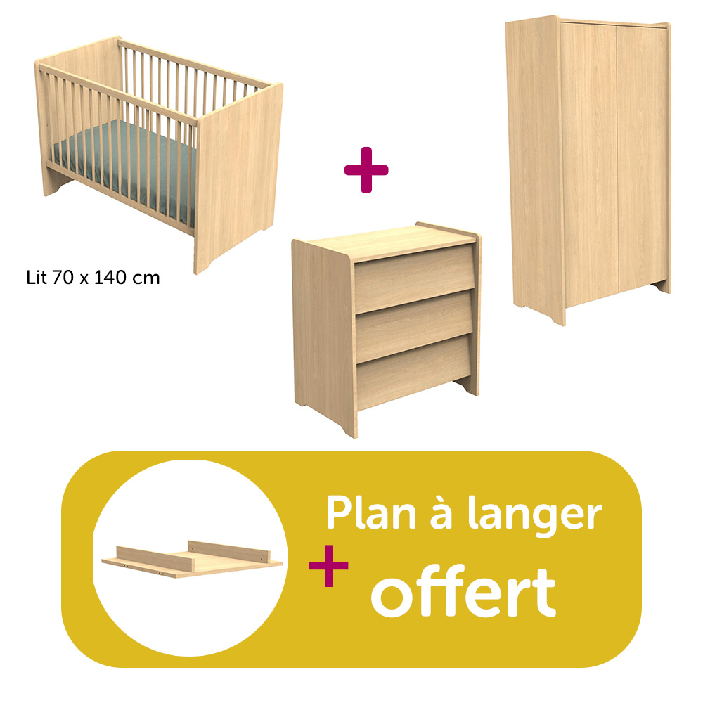 Sauthon - Chambre bébé complète Cannelle Chêne Miel: lit 140x70, commode, armoire, plan à langer offert   Sauthon