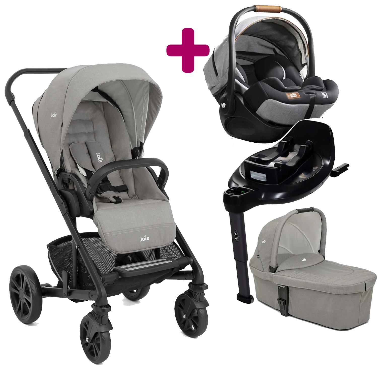 Pack poussette trio Chrome Pebble + coque I-Level Recline Carbon + nacelle Pebble + base pivotante encore Joie