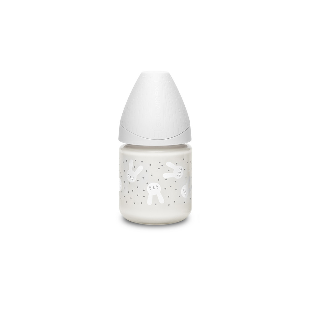 Biberon verre tétine ronde débit lent - lapin GRIS Suavinex