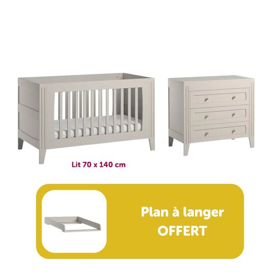 Chambre bébé duo Milenne : lit évolutif 70x140, commode, plan à langer offert 