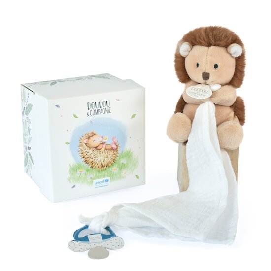 Doudou & Compagnie UNICEF Hérisson avec doudou attache-sucette Marron 12 cm