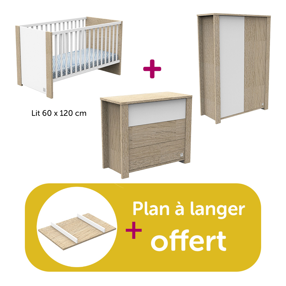 Sauthon - Chambre Bébé Complète Antonin Chêne Noisette Et Blanc, lit 120x60, commode,  Armoire, plan à langer offert  Sauthon