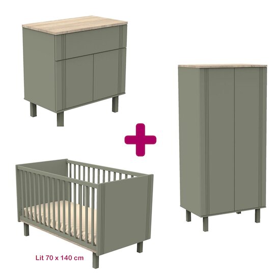 Sauthon Chambre bébé complète Eléonore kaki : lit 70x140, commode, armoire   Sauthon Chambre bébé complète Eléonore kaki : lit 70x140, commode, armoire