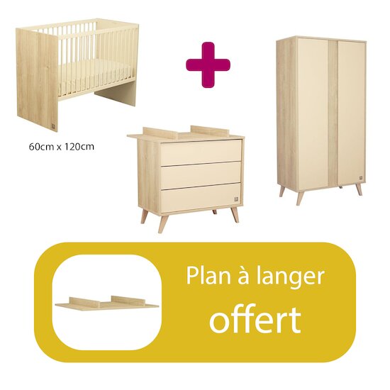 Sauthon Chambre bébé complète : Lit bébé transformable  60x120, Commode 3 tiroirs  Armoire 2 portes  plan offert   
