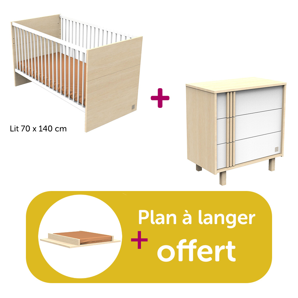 Sauthon - Chambre Duo Nature : lit LITTLE BIG BED 140x70, commode, plan offert  Sauthon