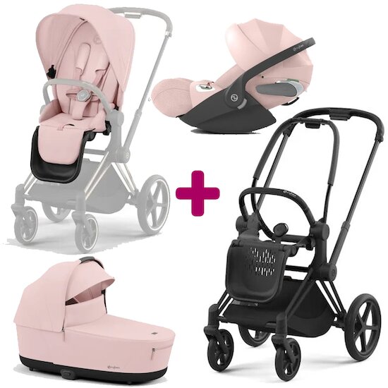 Cybex Pack trio Chassis Priam matt black + Nacelle + Siège + Cloud T i-size Peach Pink  