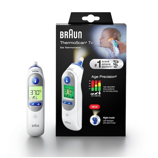 Braun Thermomètre auriculaire infrarouge ThermoScan7+ avec fonction Age Precision® et mode nuit  
