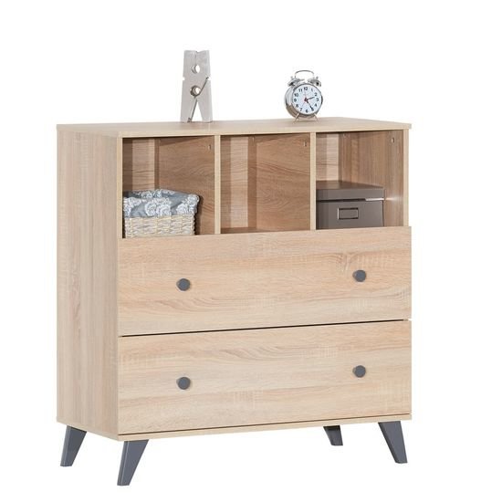Sauthon Commode 2 tiroirs + 3 niches Come Chêne Doré - Gris Ombré  Sauthon Commode 2 tiroirs + 3 niches Come Chêne Doré - Gris Ombré