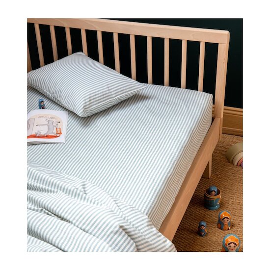 Kadolis Drap housse Percale de Coton Bio adulte Rayé Bleu ardoise 