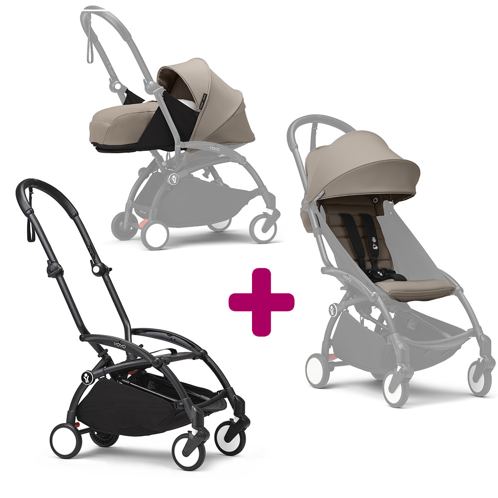 Stokke - Pack Poussette duo chassis YOYO³ Noir + pack 6+ YOYO³ Taupe + pack nouveau-né YOYO³ Taupe  Stokke