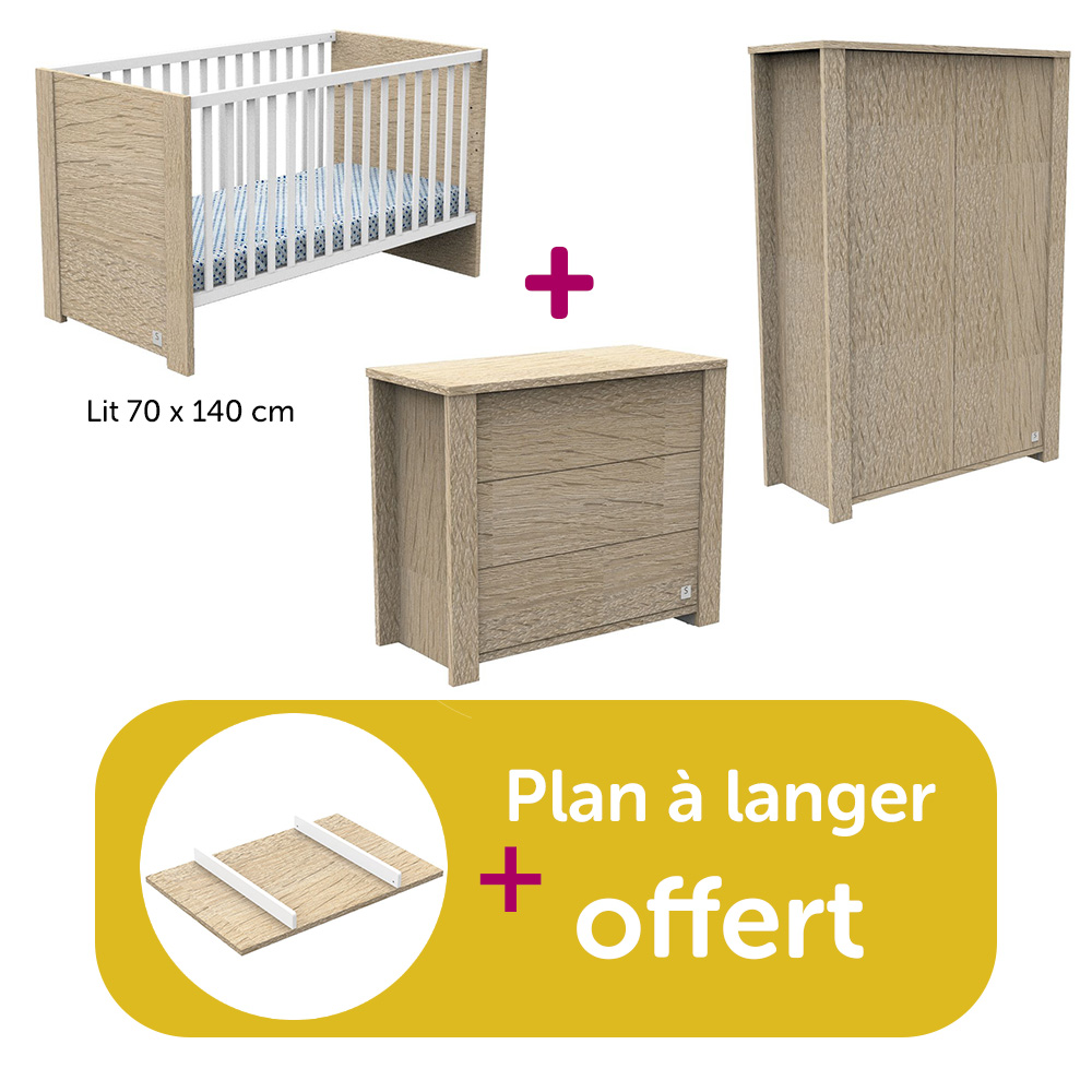 Sauthon - Chambre bébé Complète Antonin Bois lit  70x140, commode, armoire, plan à langer offert  Sauthon