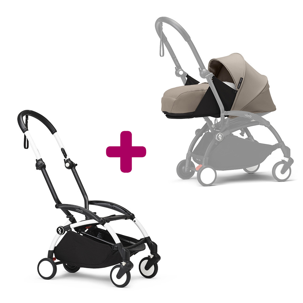 Stokke - Pack chassis poussette YOYO³ Blanc + pack nouveau-né 0+ YOYO³ Taupe  Stokke