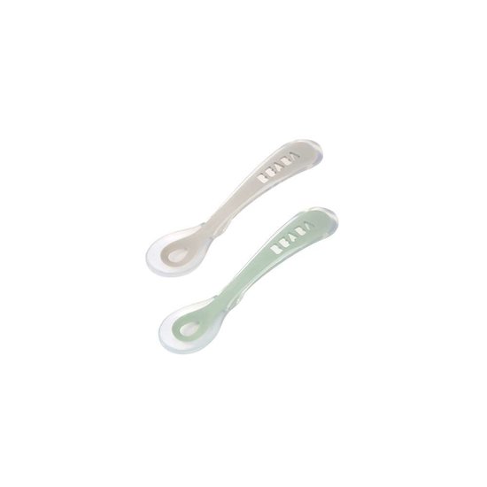 Béaba 2 cuillères 2e âge en silicone avec boite de transport grey/sage green 