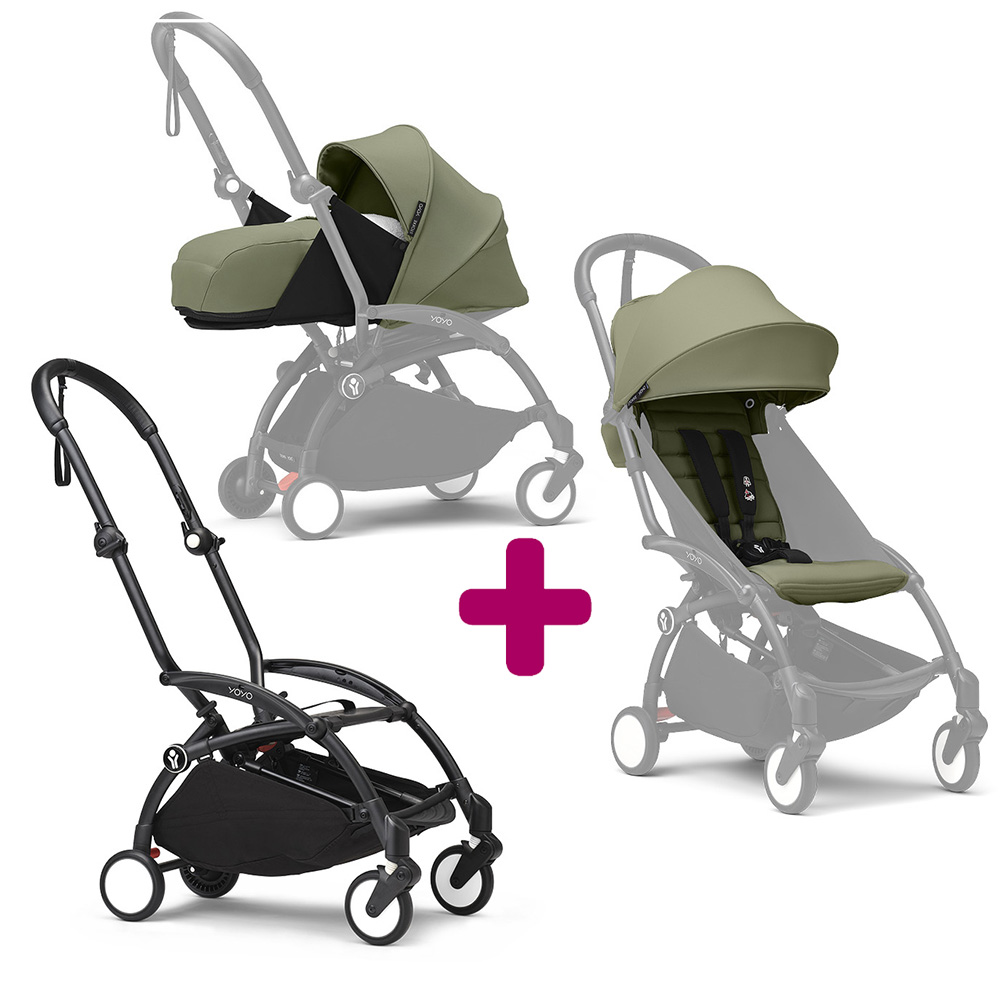 Stokke - Pack Poussette duo chassis YOYO³ Noir + pack 6+ YOYO³ Olive + pack nouveau-né YOYO³ Olive  Stokke