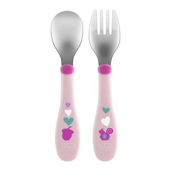 Chicco Set cuillère et fourchette bout inox Mes premiers couverts rose 18 mois +