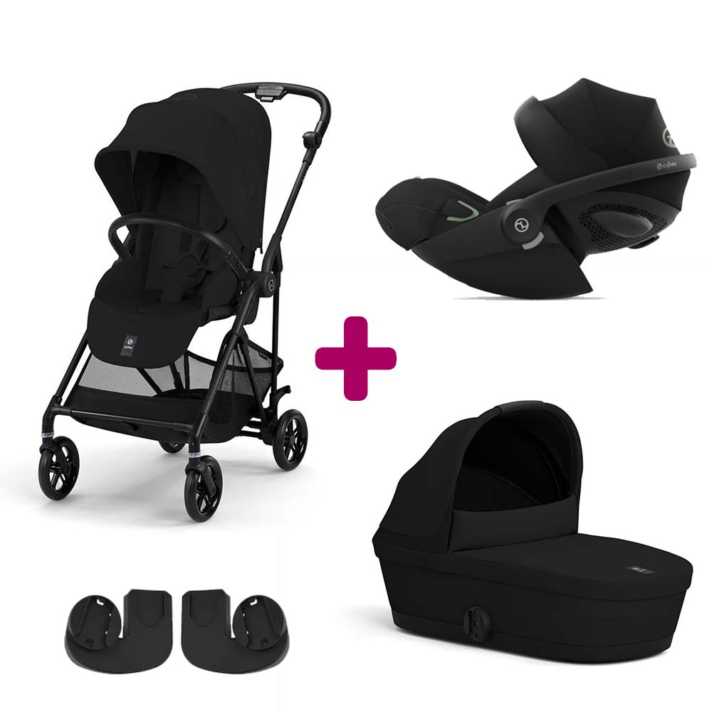 Pack Poussette trio Melio Magic Black + nacelle + adaptateurs coque + coque Cloud G Moon Black  Cybex