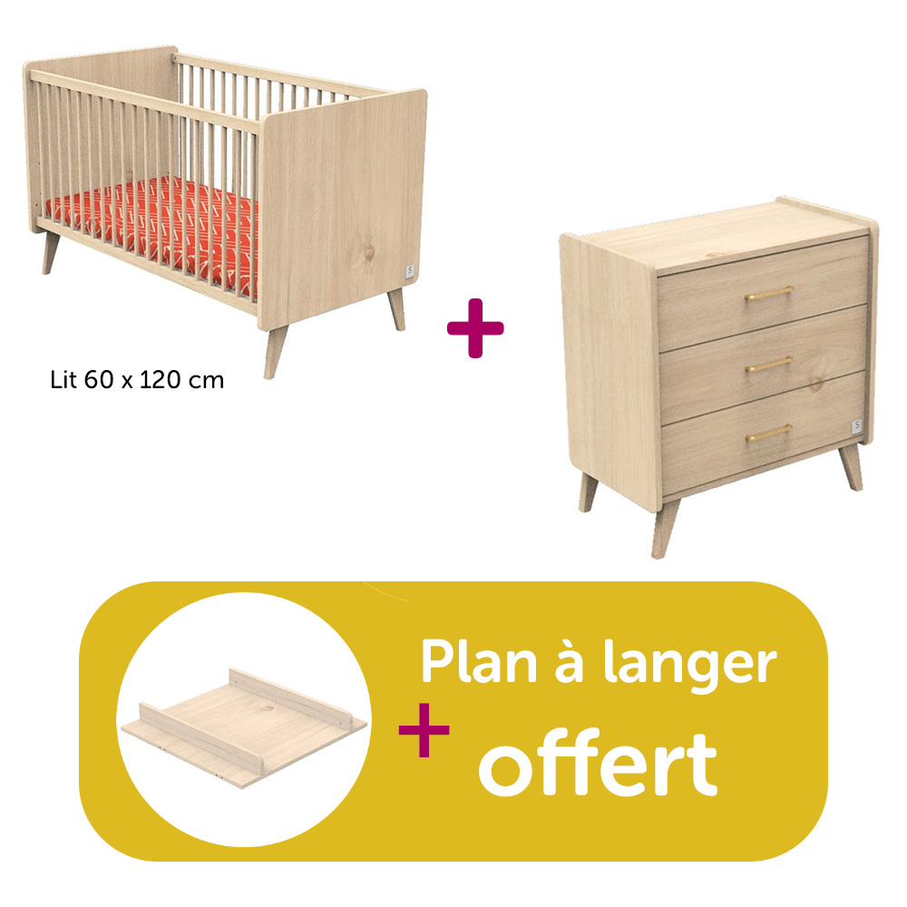 Sauthon - Chambre Duo Arty, lit 60x120, commode, plan à langer offert  Sauthon