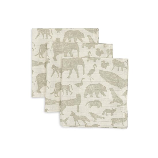 Jollein Lot de 3 serviettes gaze de coton animals Olive Green 31x31 cm