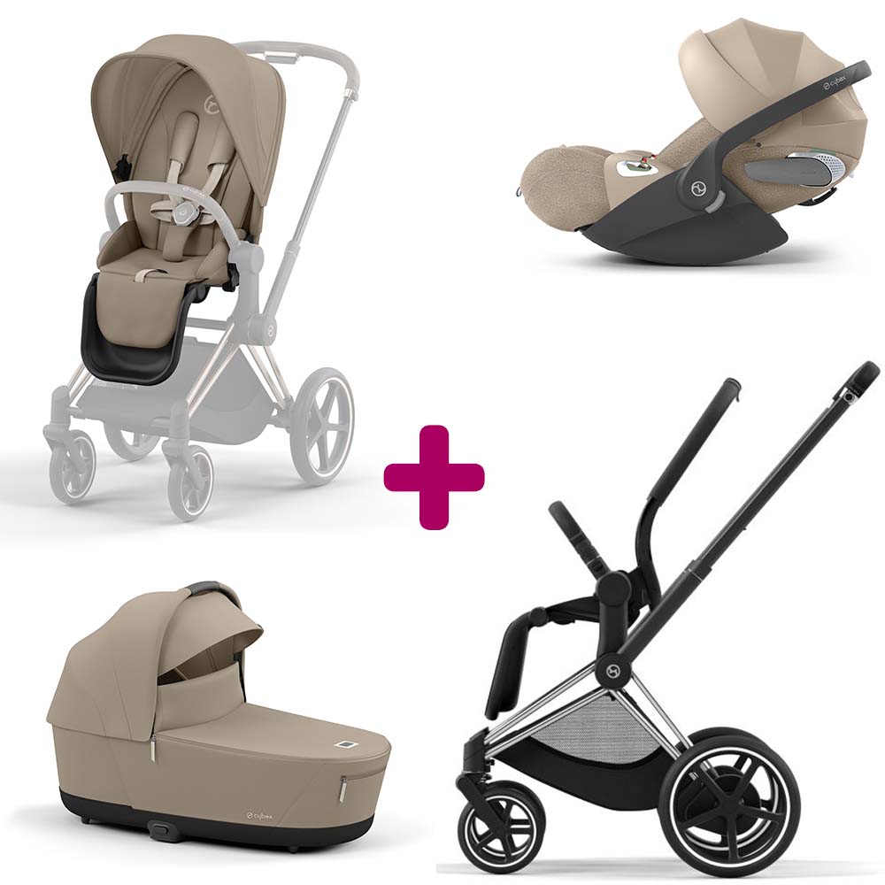 Cybex - Pack Trio Châssis poussette ePriam chrome black 2022 + siège Cozy Beige + coque Coque T i-size Cozy Beige + Nacelle luxe Cozy Beige  Cybex